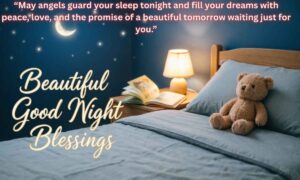 Beautiful Good Night Blessings: May angels guard your sleep tonight and fill your dreams with peace, love, and the promise of a beautiful tomorrow waiting just for you.