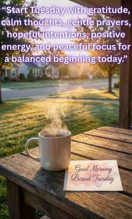 Good Morning Blessed Tuesday: Start Tuesday with gratitude, calm thoughts, gentle prayers, hopeful intentions, positive energy, and peaceful focus for a balanced beginning today.
