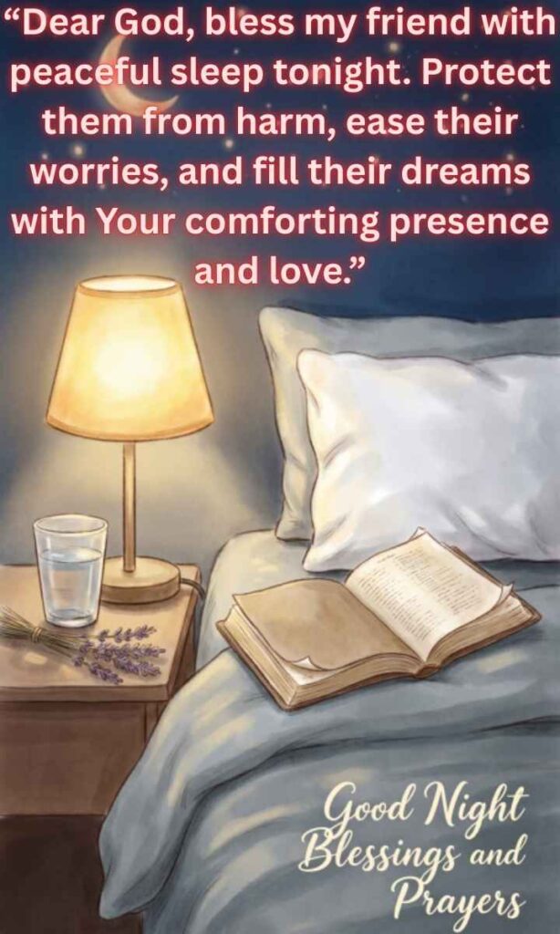 Good Night Blessings and Prayers:
Dear God, bless my friend with peaceful sleep tonight. Protect them from harm, ease their worries, and fill their dreams with Your comforting presence and love.