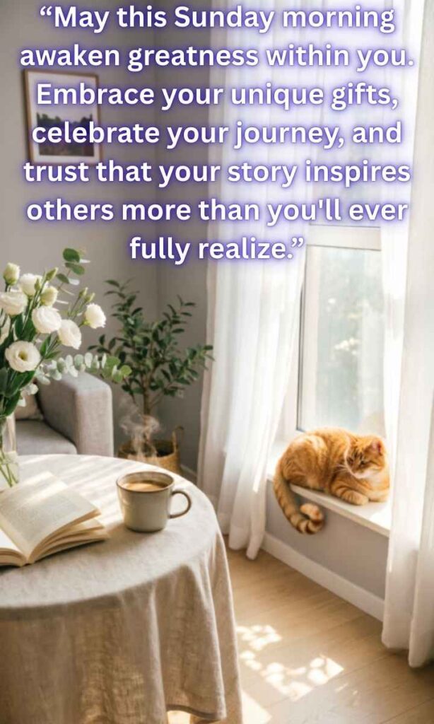 Inspirational Good Morning Sunday Blessings:
May this Sunday morning awaken greatness within you. Embrace your unique gifts, celebrate your journey, and trust that your story inspires others more than you'll ever fully realize.