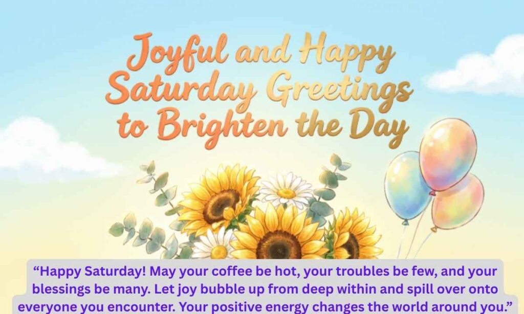 Joyful and Happy Saturday Greetings to Brighten the Day:
Happy Saturday! May your coffee be hot, your troubles be few, and your blessings be many. Let joy bubble up from deep within and spill over onto everyone you encounter. Your positive energy changes the world around you.