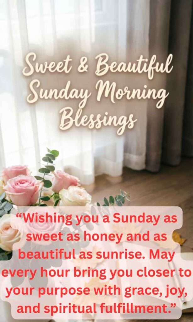 Sweet & Beautiful Sunday Morning Blessings:
Wishing you a Sunday as sweet as honey and as beautiful as sunrise. May every hour bring you closer to your purpose with grace, joy, and spiritual fulfillment.